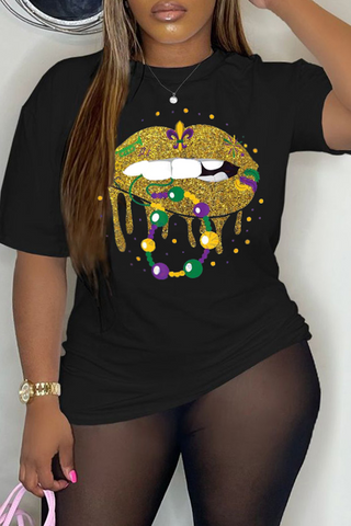 Party Vintage Lips Printed Patchwork O Neck T-Shirts