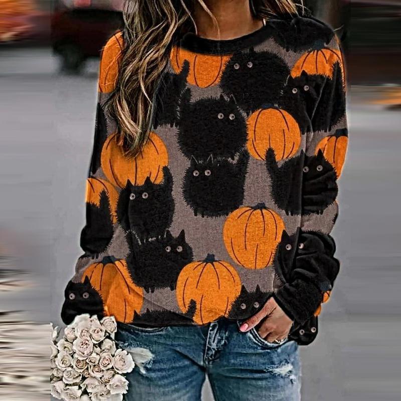 Halloween Cartoon Kitten Pumpkin Print Sweatshirts