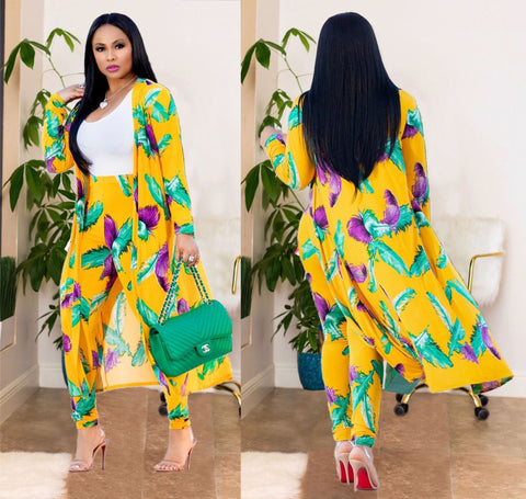 Plus Size All Over Print Midi Cardigan Two Piece Pants Set