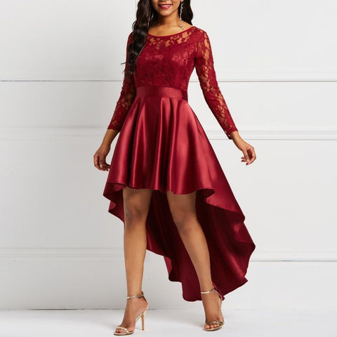 Evening Party Date Asymmetric Satin Hollow Out Floral Lace Long Dress