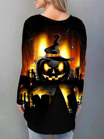 Casual Loose Halloween Round Neck Pumpkin Print T-shirt