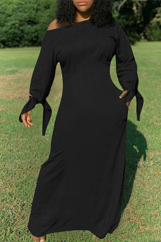 Plus Size Casual Solid One Shoulder Long Sleeves Knotted Maxi Dress