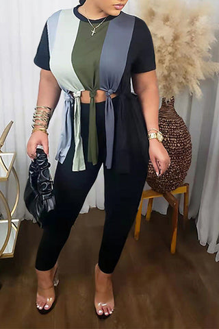 Free-shipping-online-clothing-plus-size-o-neck-colorblock-fringe-two-piece-set