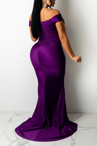 Online-clothing-plus-size-split-joint-off-shoulder-solid-trailing-maxi-dress