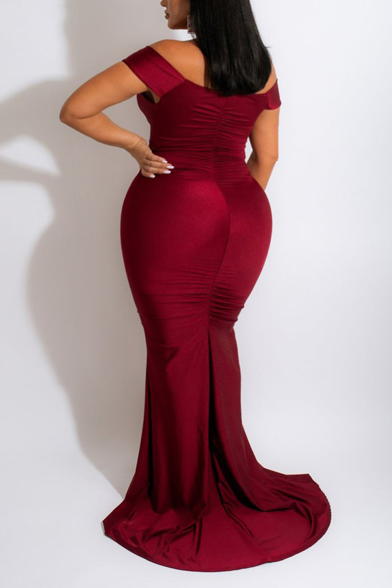 Online-clothing-plus-size-split-joint-off-shoulder-solid-trailing-maxi-dress