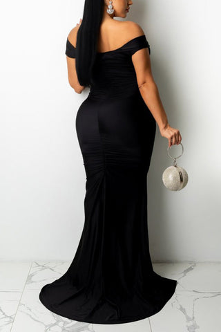 Online-clothing-plus-size-split-joint-off-shoulder-solid-trailing-maxi-dress