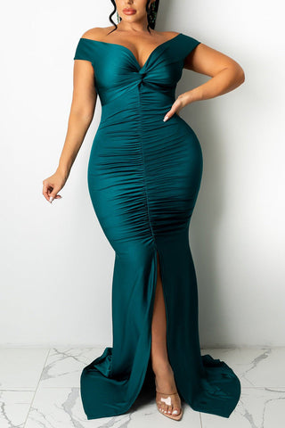 Plus Size Split Joint Off Shoulder Solid Trailing Maxi Dress