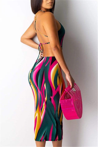 Stripe Print Backless Hip-Package Dress