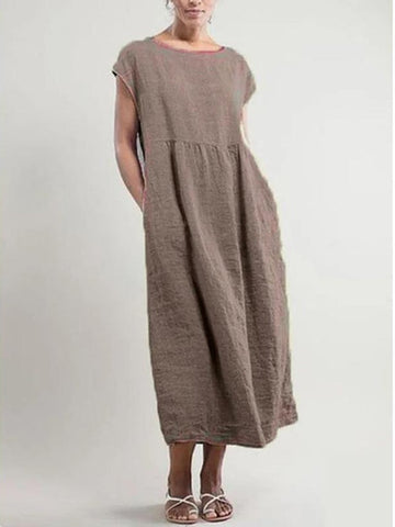 Women Crew Neck Shift Daily Cotton Pockets Dresses