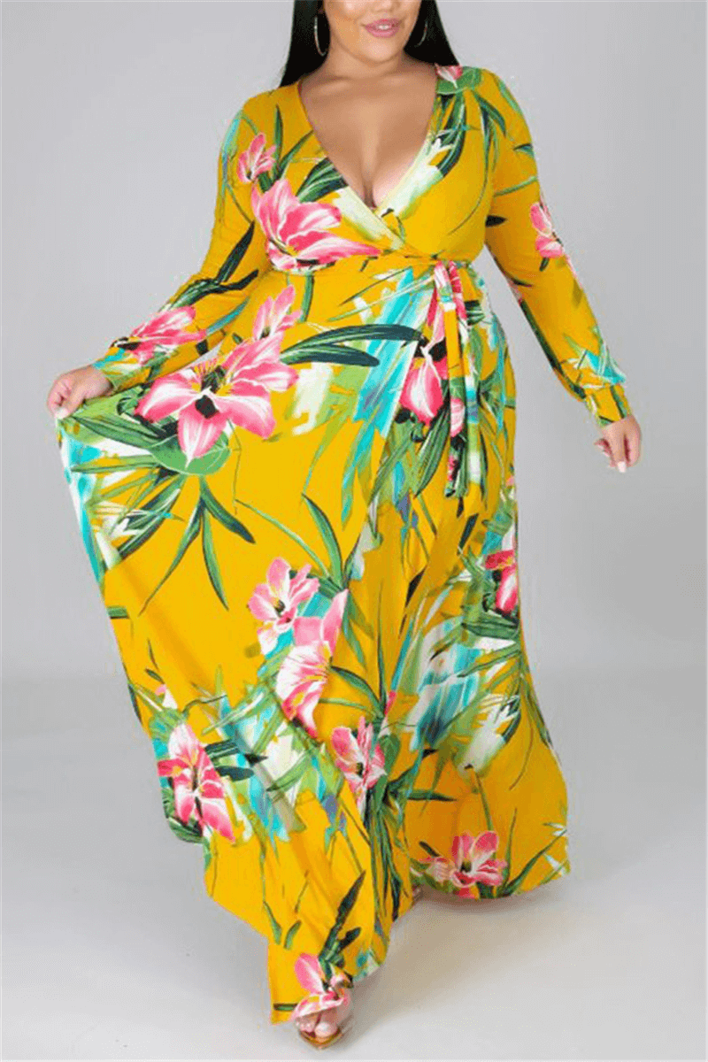 Fashion Casual Plus Size V Neck Flower Print Dress