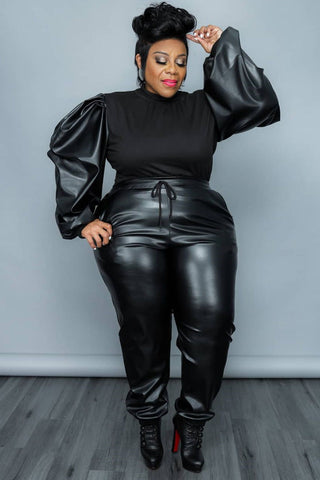 Plus Size Solid PU Leather Puff Sleeve Patchwork Pants Two Pieces Set