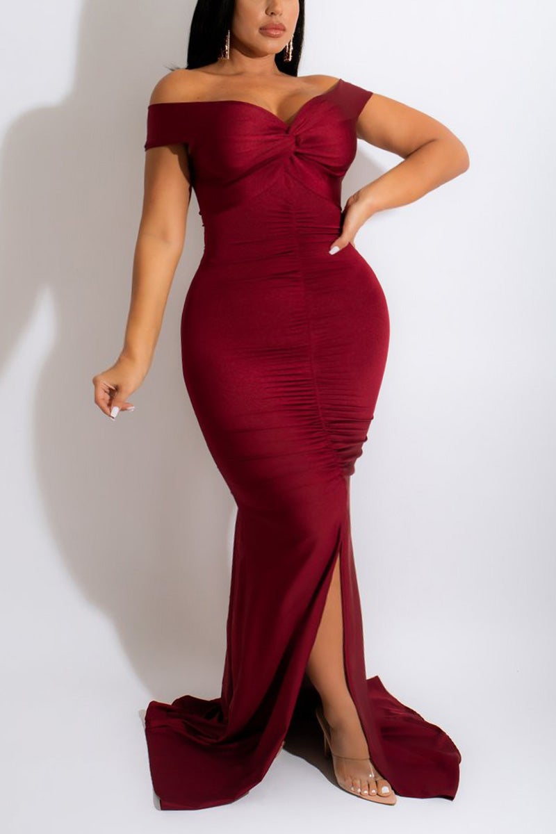 Plus Size Split Joint Off Shoulder Solid Trailing Maxi Dress