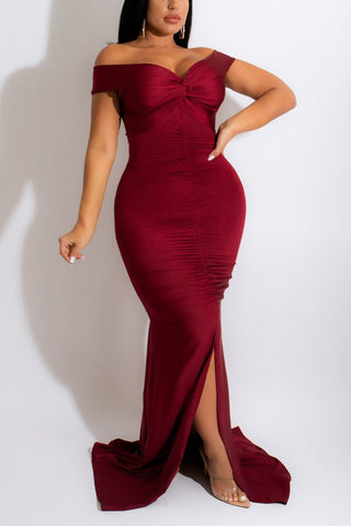 Plus Size Split Joint Off Shoulder Solid Trailing Maxi Dress
