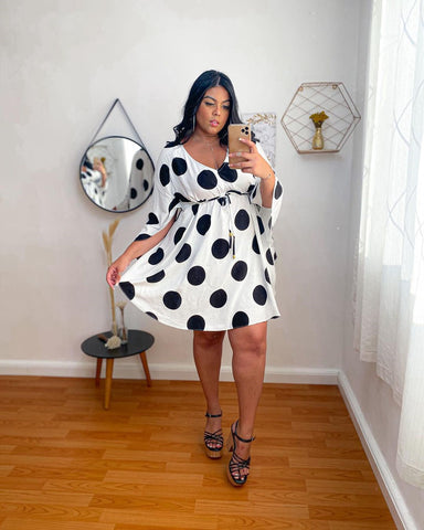 Online-clothing-pre-saleplus-size-v-neck-polka-dot-print-mini-dress