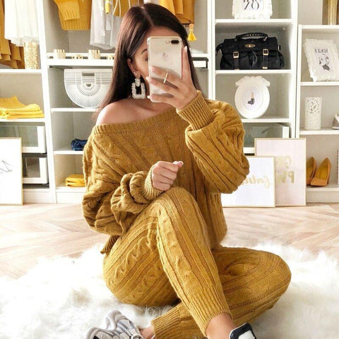 Plus Size Solid Long Sleeve Sweater Pants Two Pieces Set