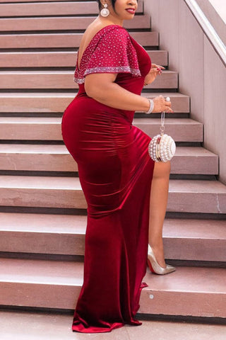 Online-clothing-plus-size-plain-dresses-ruffle-sleeves-hot-drilling-maxi-dress