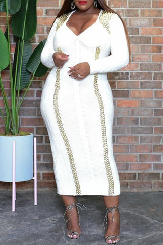 Online-clothing-plus-size-split-joint-long-sleeve-with-golden-chain-knit-sweater-midi-dress
