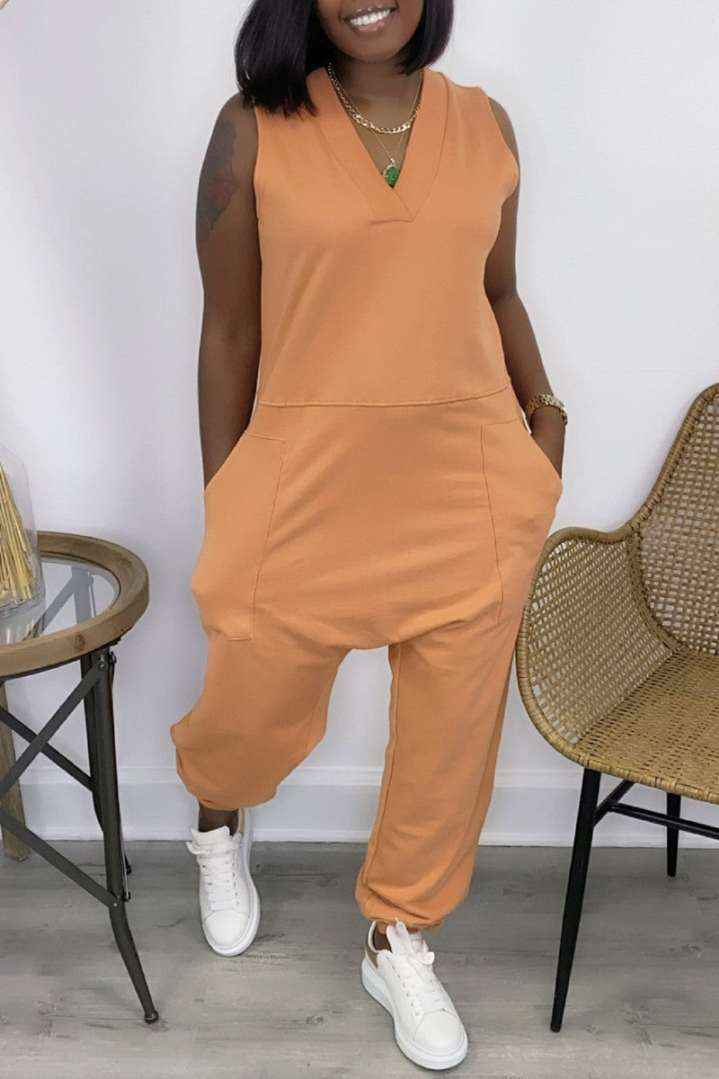 Sale-fashion-freeshipping-style-outfit-casual-solid-basic-v-neck-regular-sleeveless-jumpsuits