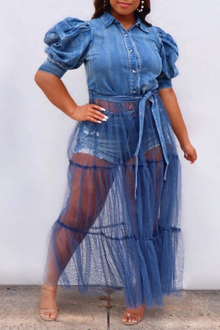 Plus Size Casual Denim Puff Sleeve Sheer See-Through Midi Dress