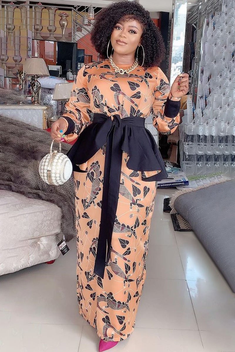Online-clothing-plus-size-khaki-print-elegant-flounce-decor-straight-maxi-dress