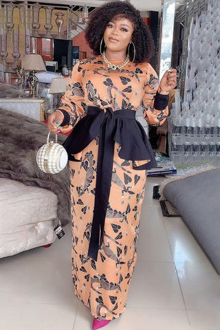 Plus Size Khaki Print Elegant Flounce Decor Straight Maxi Dress