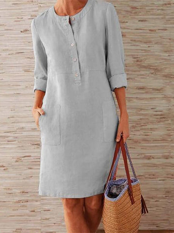 Solid Color Stand Collar Long Sleeve Buttoned Dress