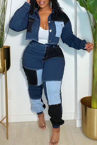 Plus Size Casual Colorblock Turndown Collar Pants Two Pieces Set