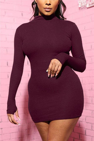 British Style Solid Color Turtleneck Wrapped Dress
