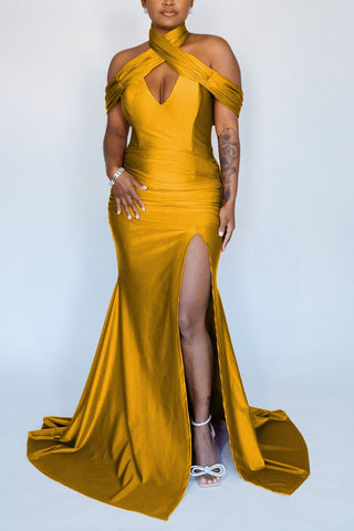 Plus Size Solid Split Joint Hollow Out Trailing Maxi Dress