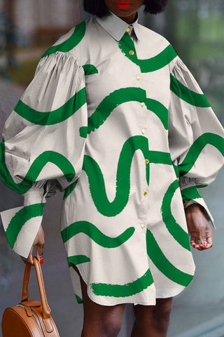 Online-clothing-plus-size-striped-print-split-joint-buckle-turndown-collar-shirt-mini-dress