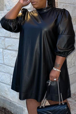 Plus Size Casual Half High Collar PU Leather Midi Dress
