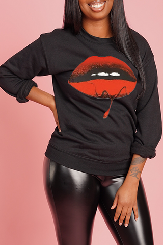 Street Vintage Lips Printed Patchwork O Neck Tops