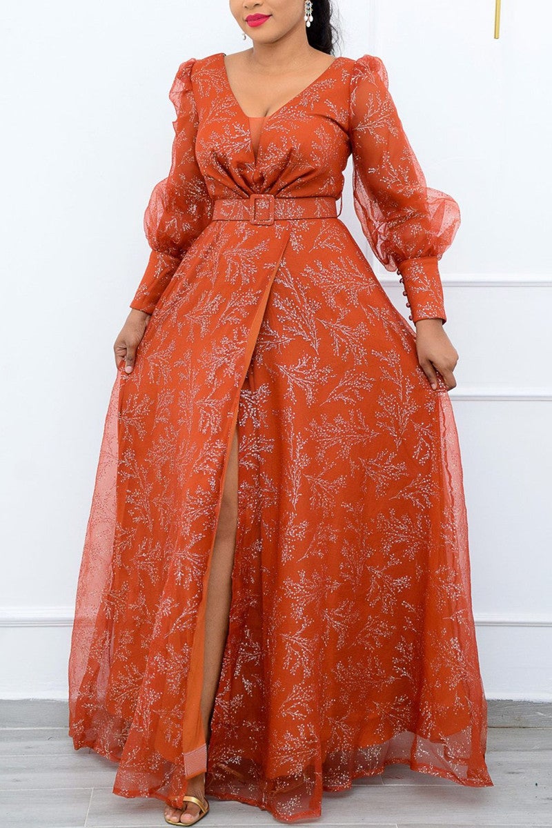 Online-clothing-plus-size-v-neck-puff-long-sleeves-printed-a-line-maxi-dress-without-belt