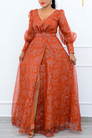 Online-clothing-plus-size-v-neck-puff-long-sleeves-printed-a-line-maxi-dress-without-belt