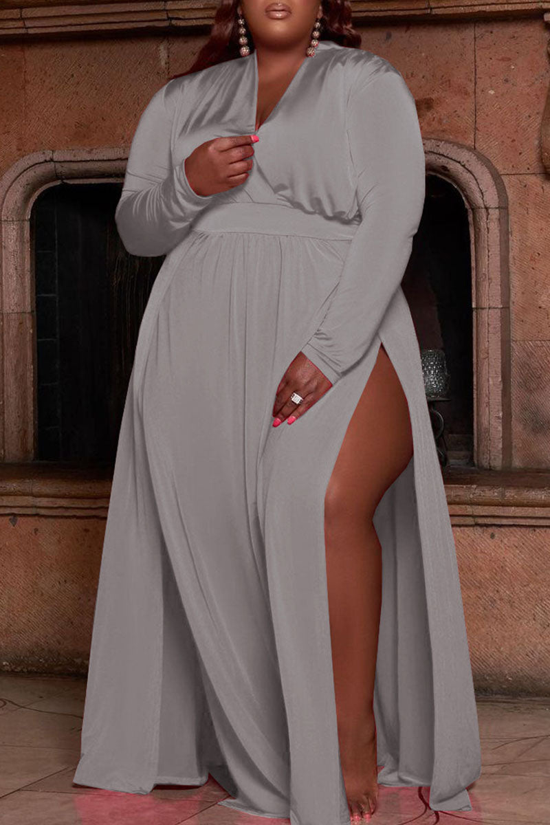 Online-clothing-plus-size-casual-solid-split-joint-v-neck-straight-maxi-dresses