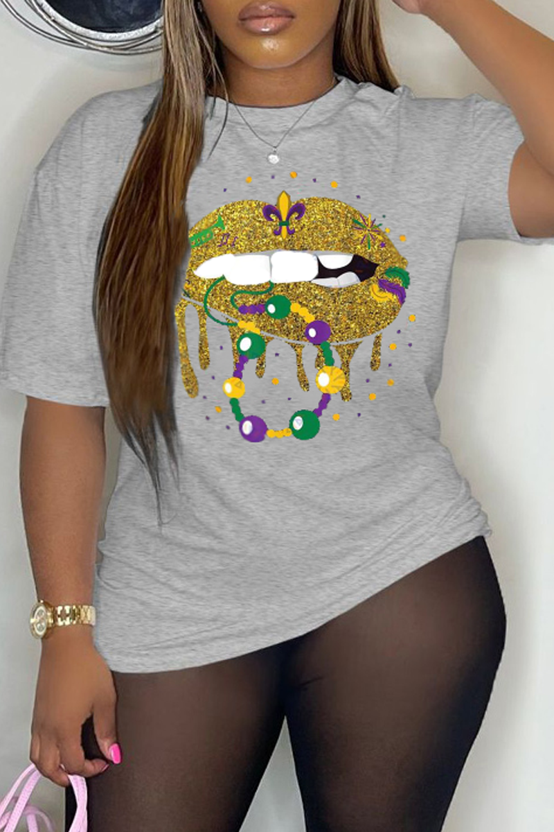 Party Vintage Lips Printed Patchwork O Neck T-Shirts