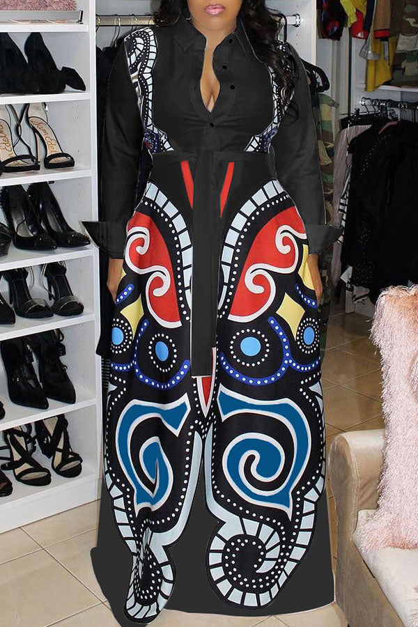 Online-clothing-plus-size-casual-butterfly-print-long-sleeve-shirt-maxi-dress