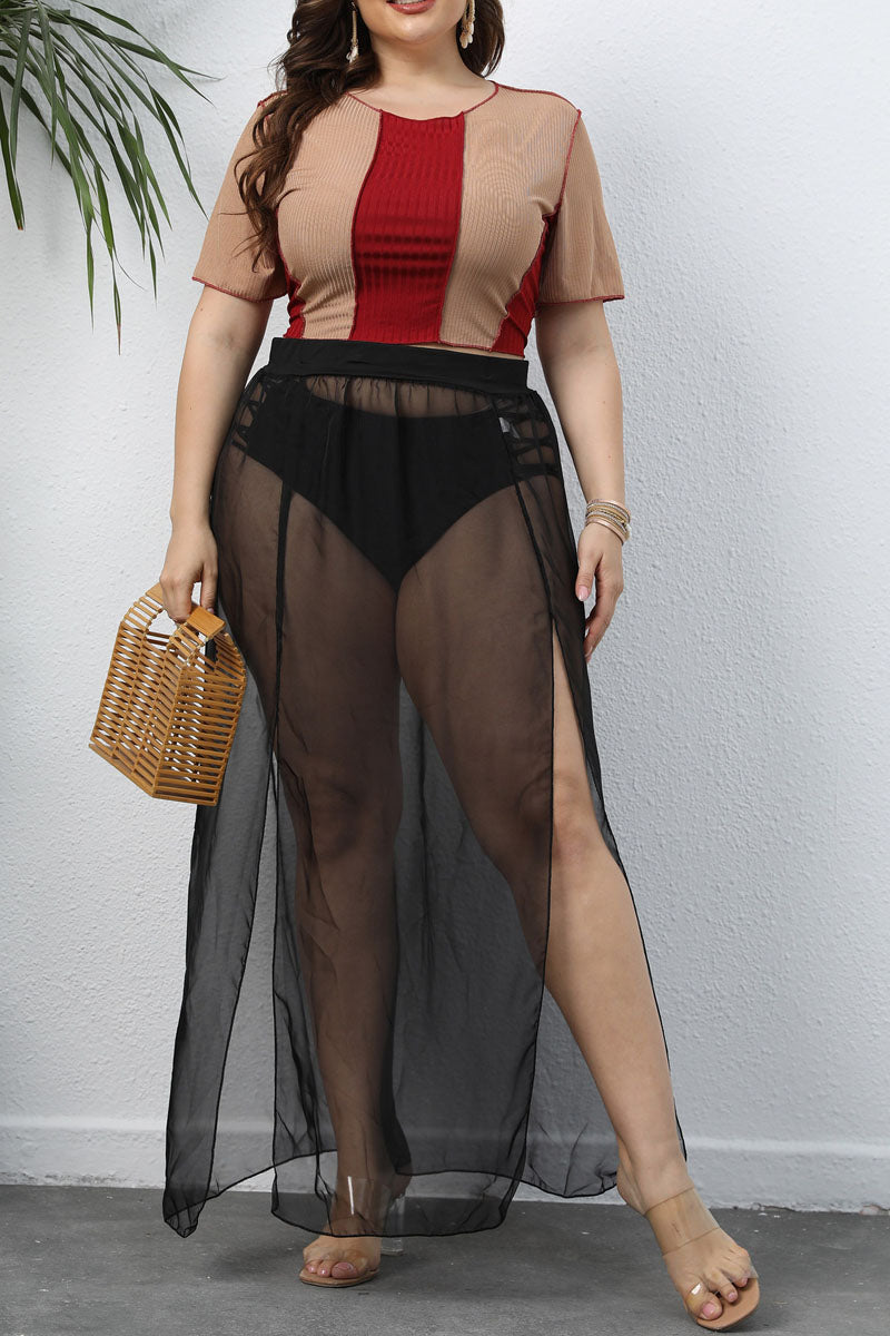 Online-clothing-plus-size-casual-black-tulle-see-through-high-waist-split-skirt