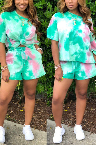 Casual Cute Sports Tie-Dyed Shorts Set