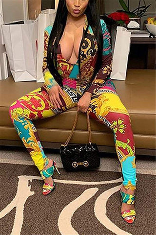 Sexy Print Long Sleeve Tight-Fit Jumpsuit