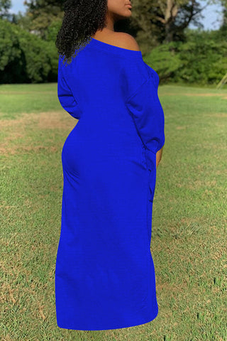 Online-clothing-plus-size-casual-solid-one-shoulder-long-sleeves-knotted-maxi-dress