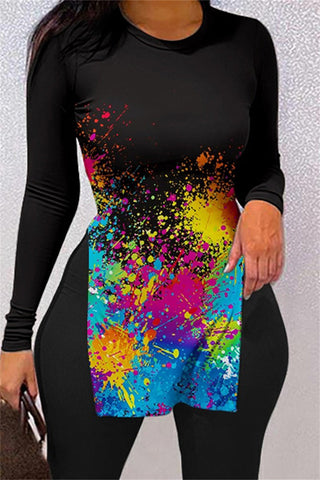 Plus Size Print O Neck Long Sleeve Split Joint Two Piece Set