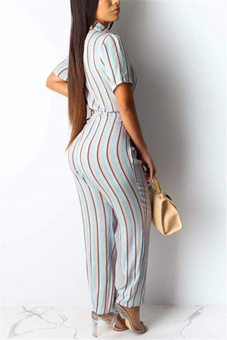 Fashion Stripe Print Short-Sleeved Jumpsuit