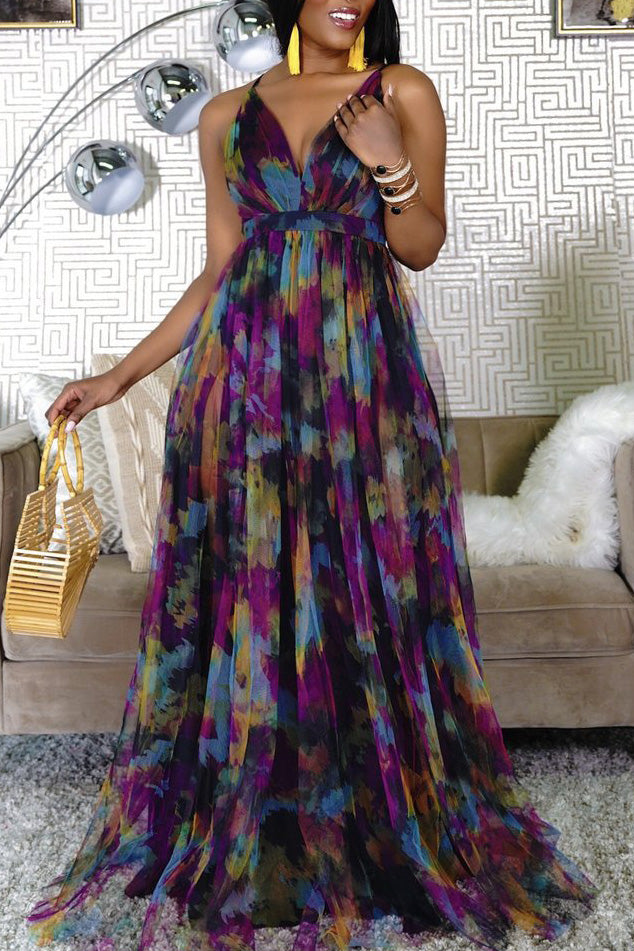 Online-clothing-plus-size-tulle-dresses-sling-v-neck-print-dress
