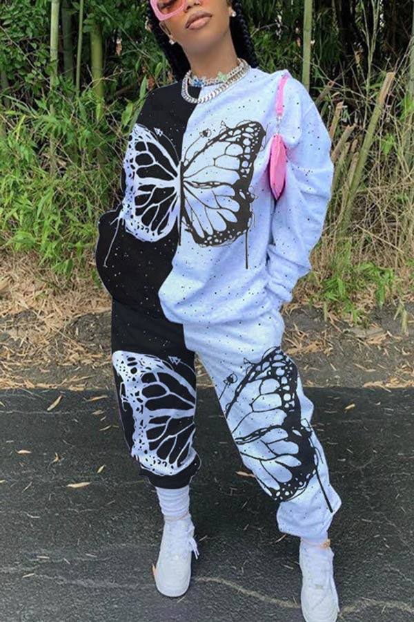 Casual Butterfly Print Stitching Two Pieces
