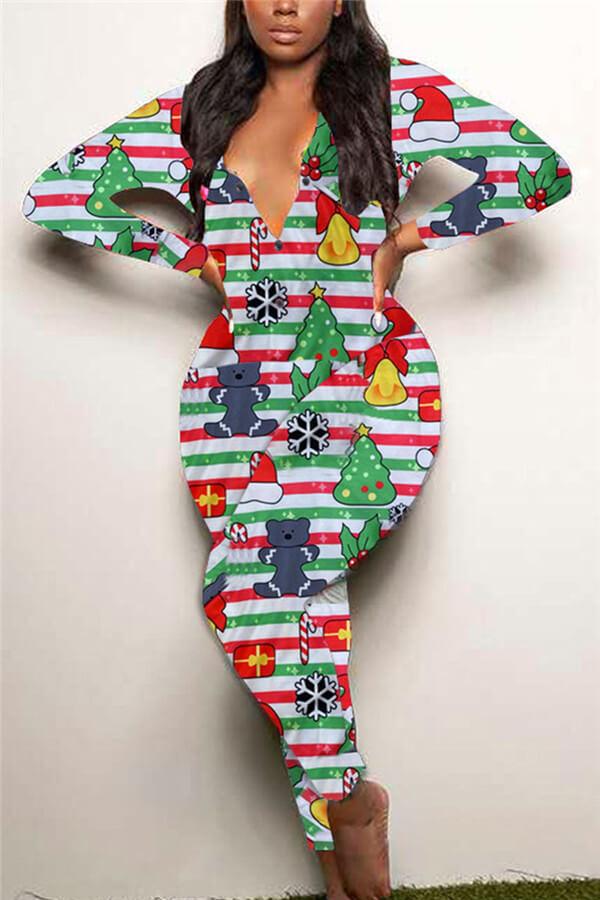 Casual Christmas Print Pajama Jumpsuit