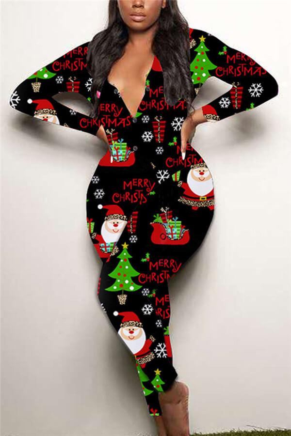 Casual Christmas Print Pajama Jumpsuit