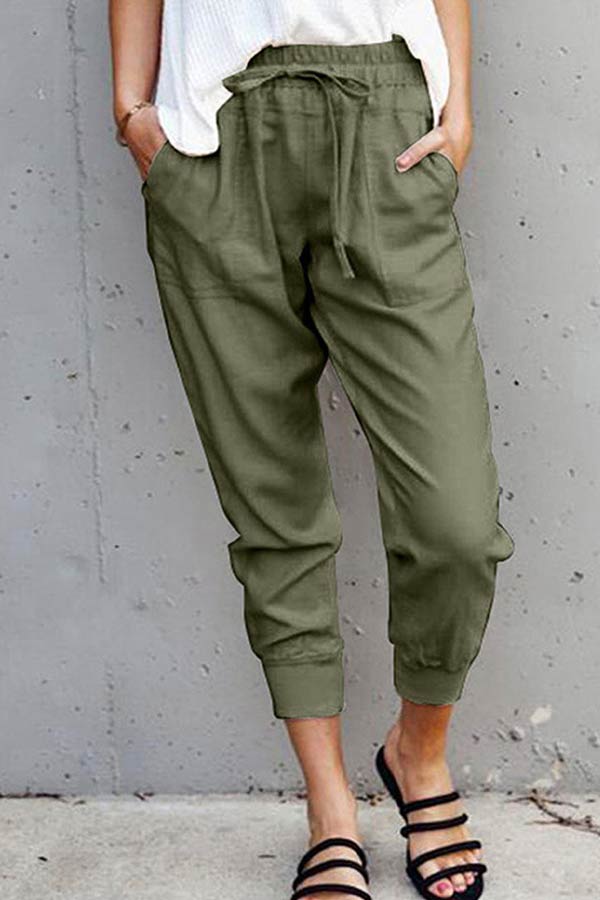 Casual High Waist Solid Cropped Trousers