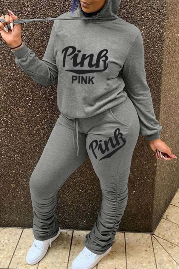 Casual Letter Print Hooded Two Pieces