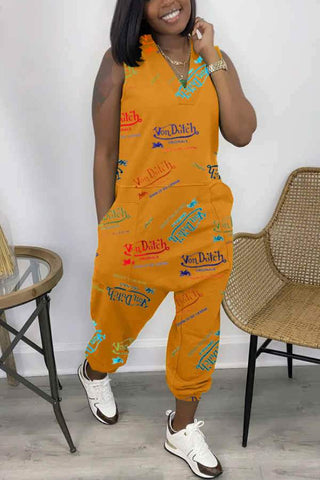 Casual Letter Print V Neck Sleeveless Jumpsuit